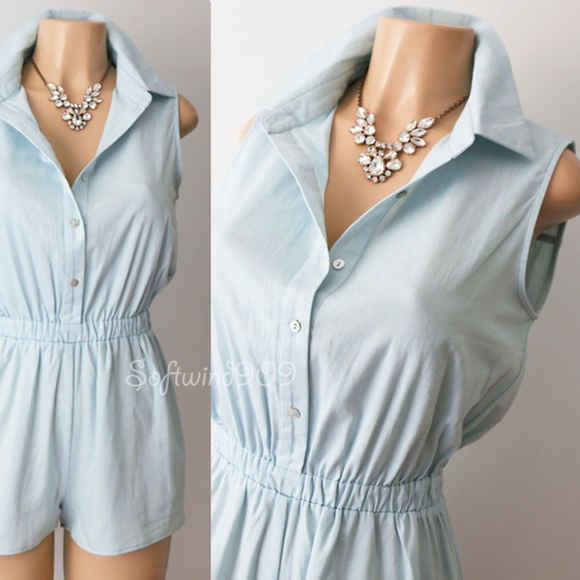 Light Blue 100% Cotton Button Up Collar Romper - Picture 2 of 8